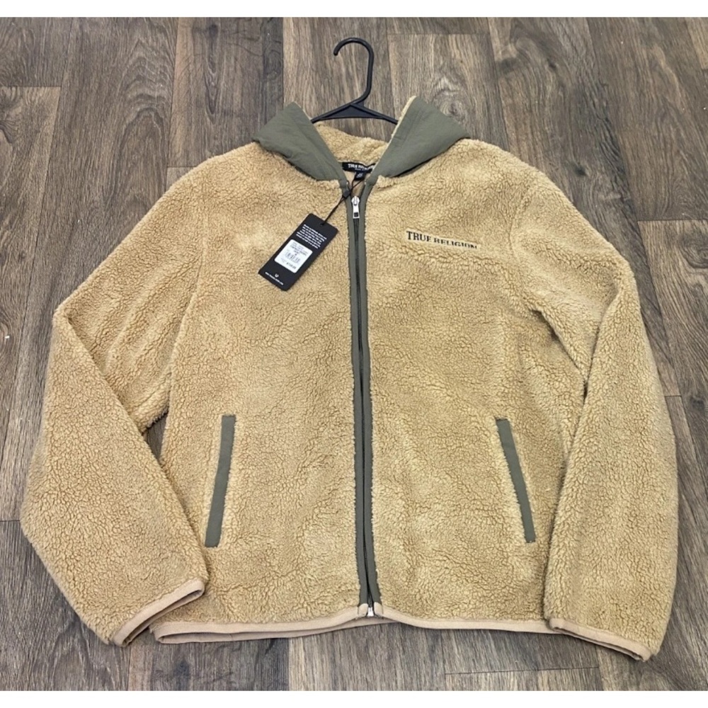 Mens TRUE RELIGION Tan Sherpa Zip Hoodie with Olive Green Trim NWT $159 Sz M